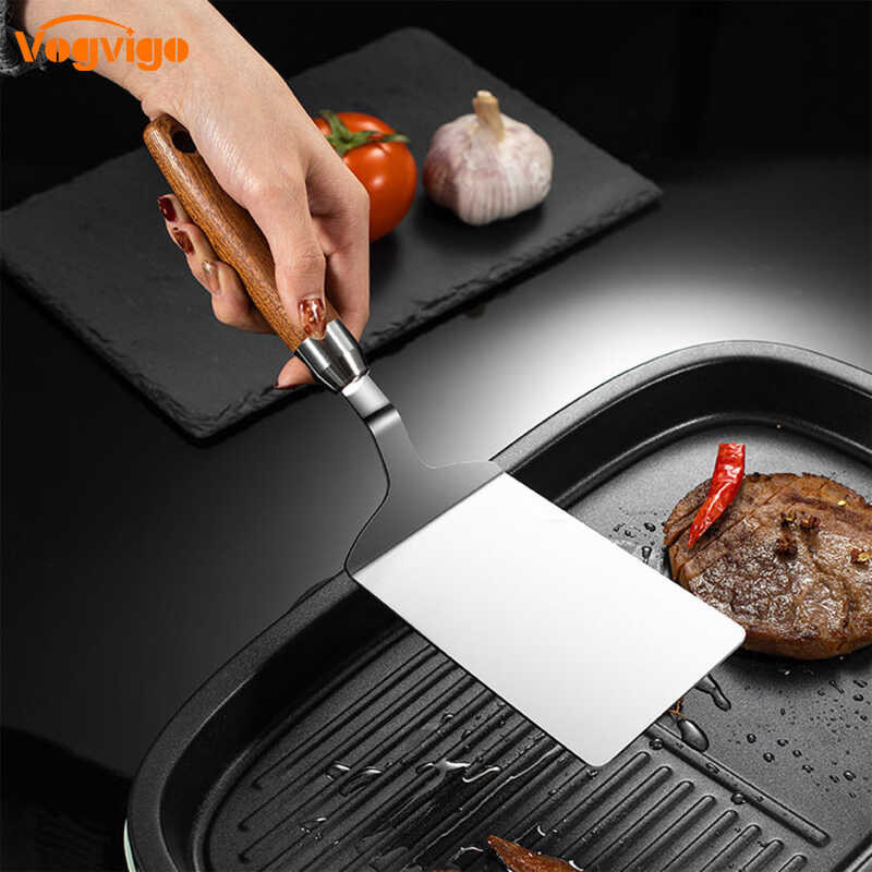Stainless 1Pc Steel Steak Spatula Pan Scraper Grill Beef Fried Pizza Shovel With Wood Handle Kitche