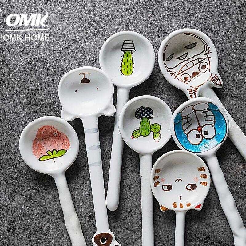 Handmade O Pottery Long Handle Spoon Hand Painted Ceramic Dessert Spoon