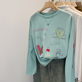 เสื้อยืดคอกลึมกราฟฟิกพิมพ์ แขนยาวหลวม91841