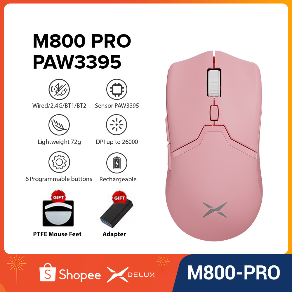 Delux M800 PRO PAW3395 เมาส์เกมมิ่งไร้สาย บลูทูธ 2.4G DPI MAX 26000 500mAh ตั้งโปรแกรมได้ 72 กรัม น