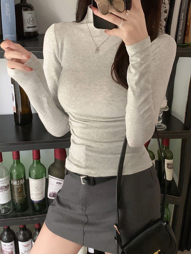 77446 ครึ่งคอเต่าแขนยาวทุกการแข่งขันจีบเสื้อยืดบาง