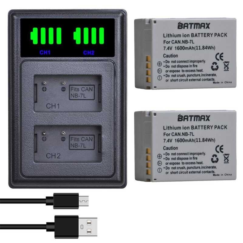 Batmax 0 NB-7L NB 7L NB7L 1600mAh Battery+LED USB Dual Charger with Type C Port for Canon PowerSh