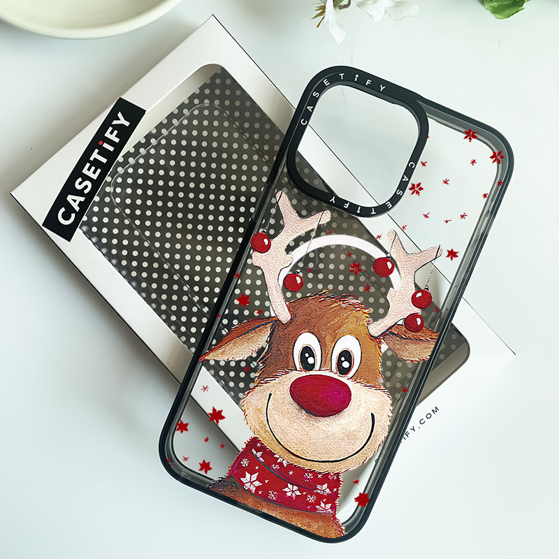 น่ารักคริสต์มาส Elk ภาพวาดแม่เหล็กชาร์จ Soft Border ปลอกสีสันสดใสสําหรับ IPhone 15 14 11 12 13 16 Pro Max กรณี 16 Plus ฝาครอบอะคริลิคใส Hard กันกระแทกกันชน