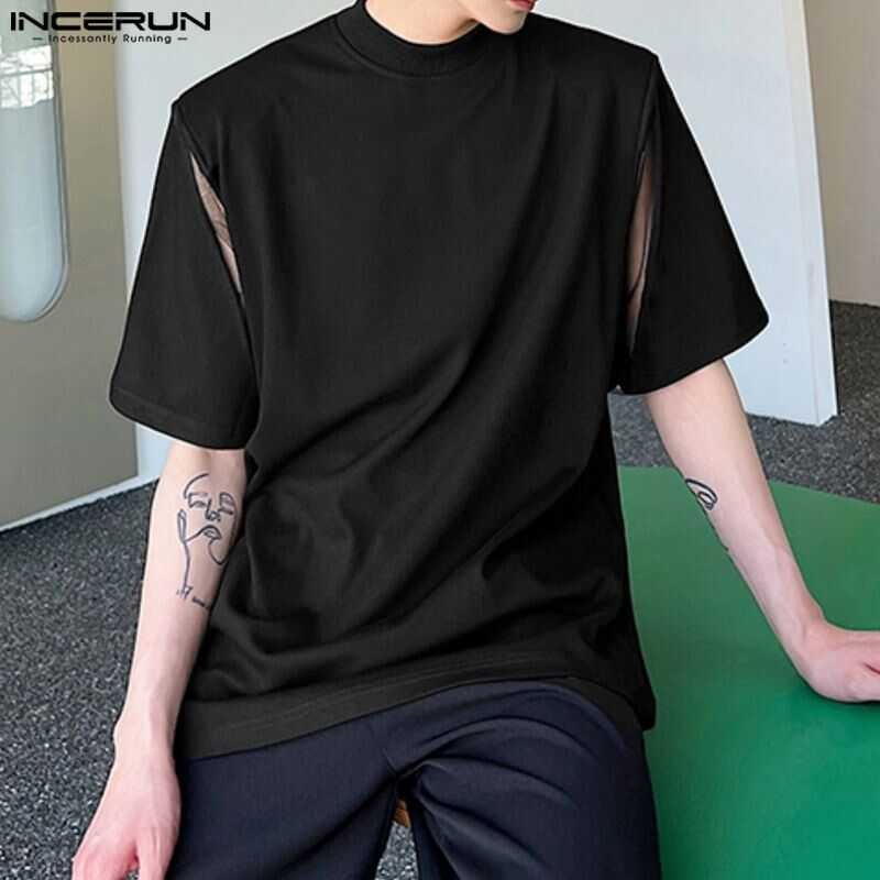 INCERUN 905 ชายเสื้อยืดตาข่ายแพทช์ O คอ สั้นถนนแฟชั่