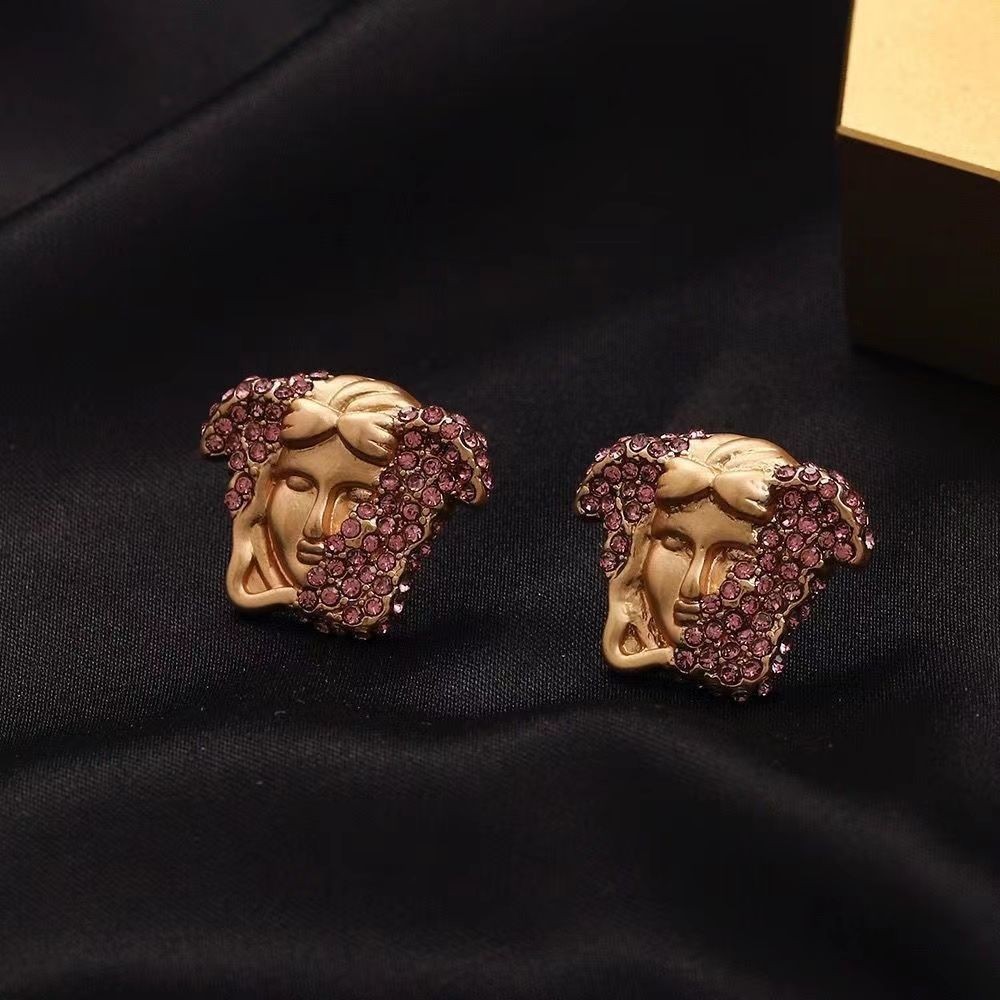 Versace Medusa ต่างหูเพชรเต็มประณีตแฟชั่นต่างหูหัวความงาม Ins อินเทรนด์การออกแบบเฉพาะต่างหูอารมณ์