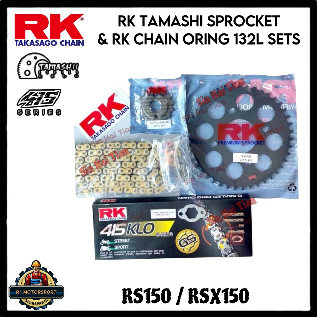 COMBO SETS RK TAMASHII 415 RS150 RSX150 ชุดเฟืองโซ่สีดําเหล็กคาร์บอน Siap พร้อม rantai 132L (ORING) 