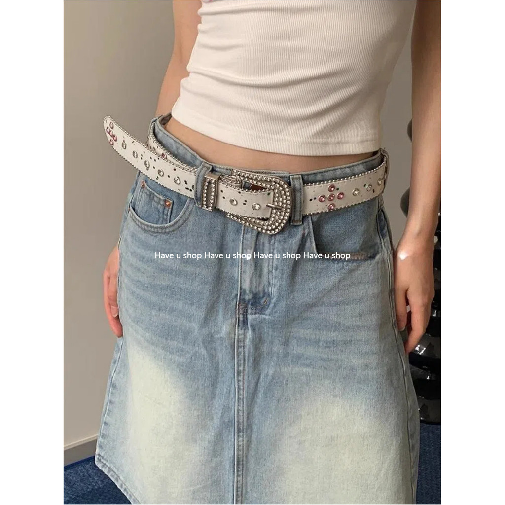 Have u shop Sweet Cool Style Gradient Pink Sequined Diamond Belt y2k Hot Girl Leather Belt Fashion J