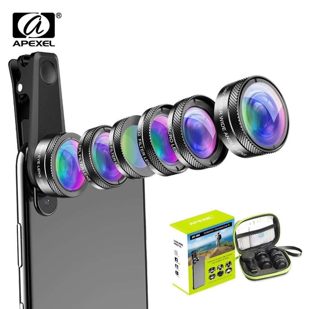 6 in 1 ชุดเลนส์กล้องโทรศัพท์มุมกว้างเลนส์มาโคร Fish Eye เลนส์ CPL/Star Filter ND32 สําหรับ iPhone hu