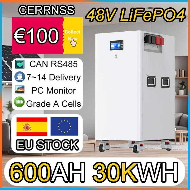 แบตเตอรี่ LiFePO4 30KW 48V 15KW 600Ah ชุดแบตเตอรี่ 16S 200A BMS แบบพกพา ล้อ 51.2V 300Ah 100Ah ลิเธีย