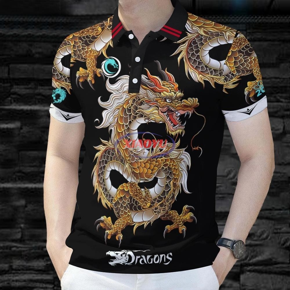 มังกรพิมพ์ลายดอกไม้หักเสื้อโปโลผู้ชายสบาย ๆ เฮนรี่เจอร์ซีย์แฟชั่นร้อยแขนสั้นธุรกิจบางด้านบนสำหรับผู้ชายฤดูร้อน - รูปที่ 2