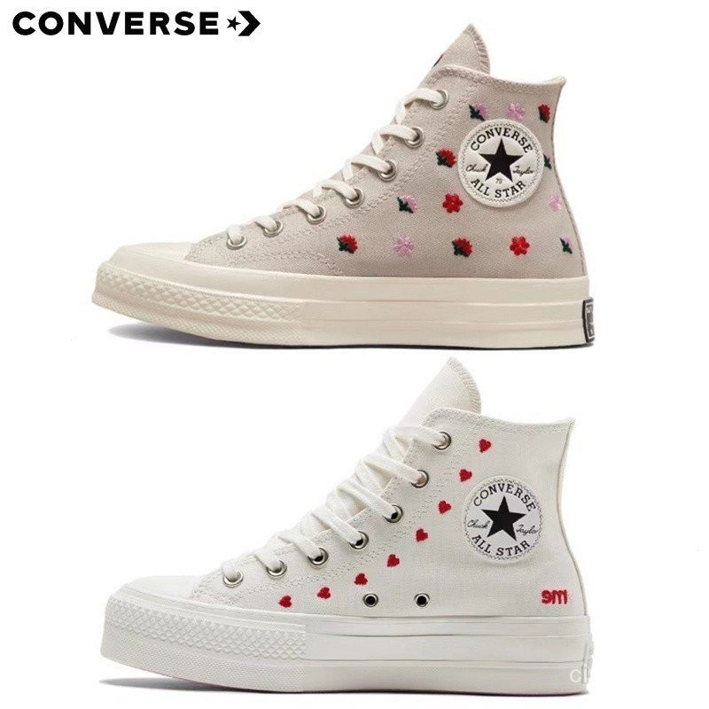 Converse Chuck Taylor All Star ดอกไม ้ ปัก High-Top รองเท ้ าผ ้ าใบหัวใจปักคู ่ รองเท ้ า A02201C
