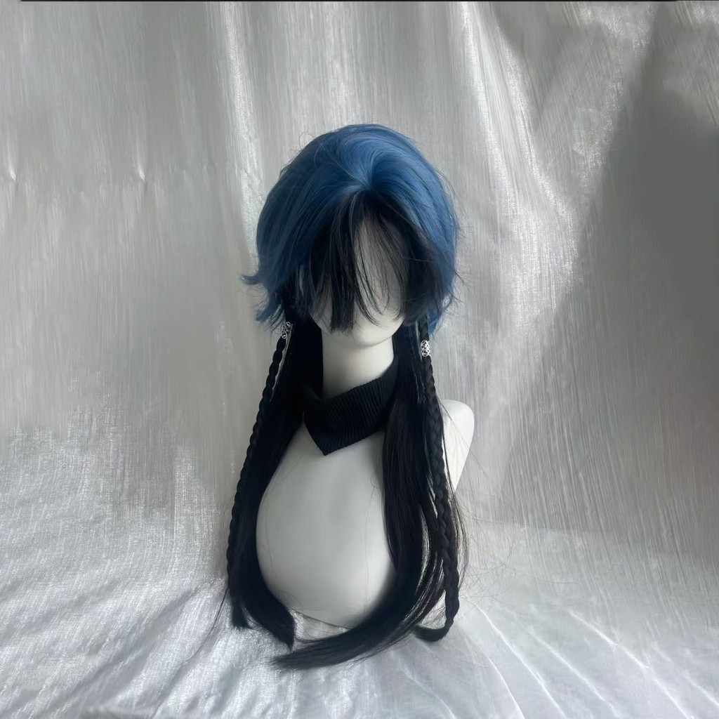 วิกผมแฟชั่น  [Blue Star] Blue Highlighted Jellyfish Head Wolf Tail Mullet Head And Tail Long Straigh