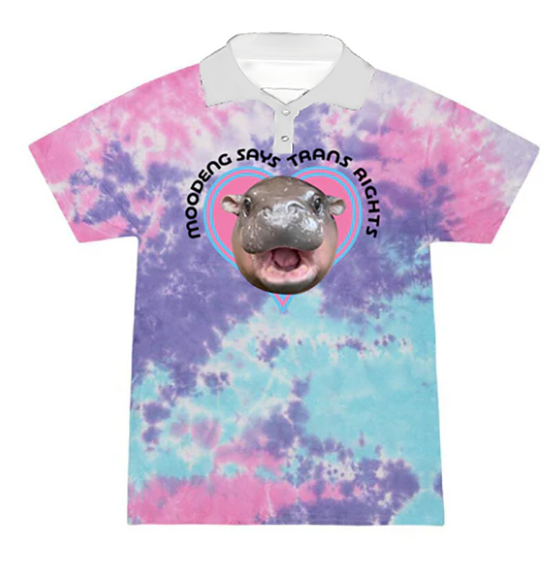 Moodeng HIPPO เสื้อโปโลแขนสั้นพิมพ์ลายมัดย้อมสีสันสดใส ลาย ฮิปโป หมูเด้ง