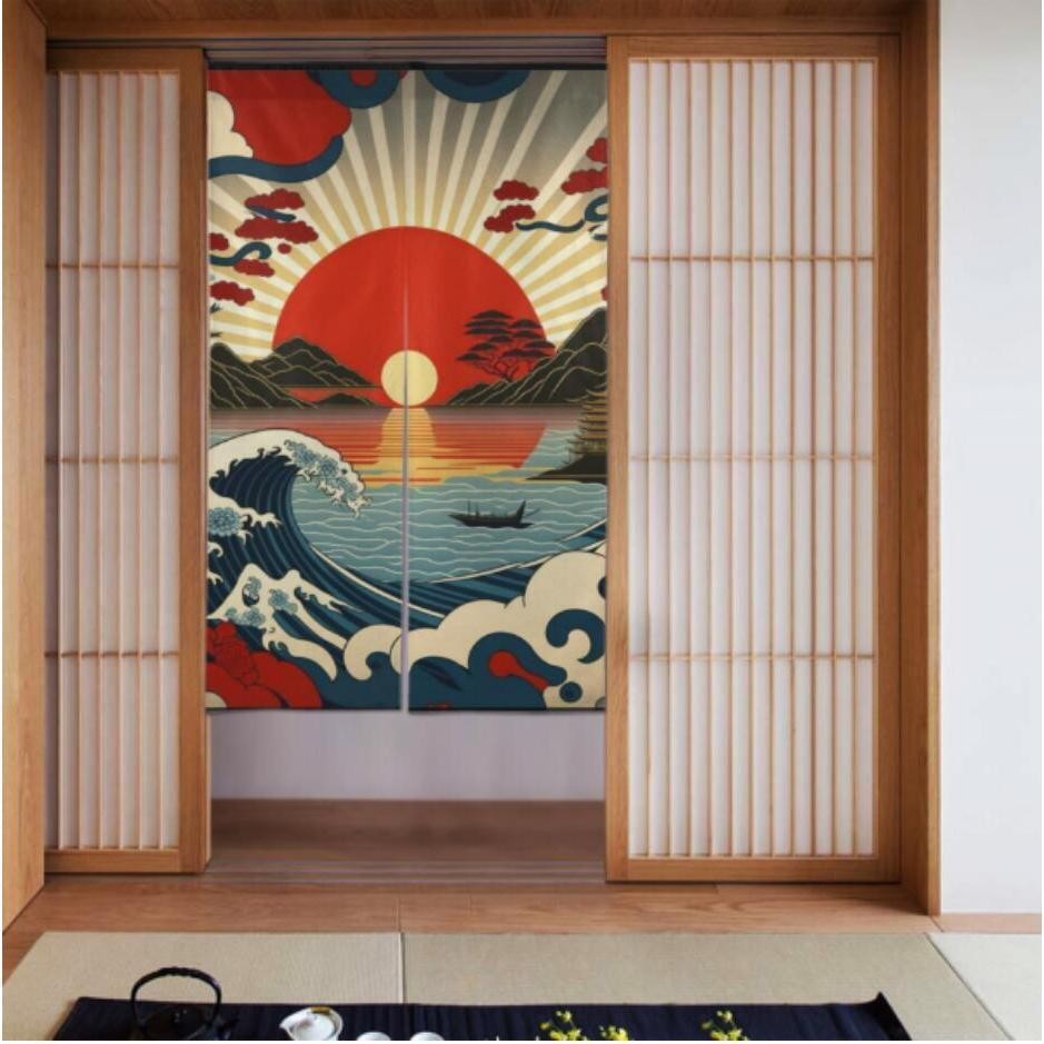 Linya ng Kislap Curtain Studio- Ukiyo - e Sunrise Wave Fairy Island Door Curtains (เนื้อลินินชาร์มหร