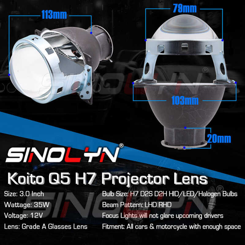 Sinolyn Single Xenon Lens Koito Q5 H7 D2s D2h LED HID Halogen Bulb 3.0 Inch Projector Headlight Len