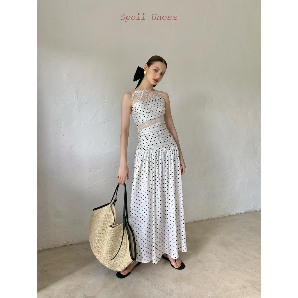 Shanmieleng Original Design Southern French Black White Polka Dot Stitching Lace จีบขี้เกียจชุดเอวแคบ
