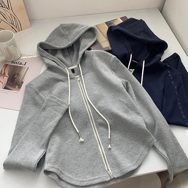 Solovely สไตล์เกาหลี เสื้อโค้ท ผ้าวาฟเฟิล แขนยาว สีพื้น เสื้อมีฮู้ด