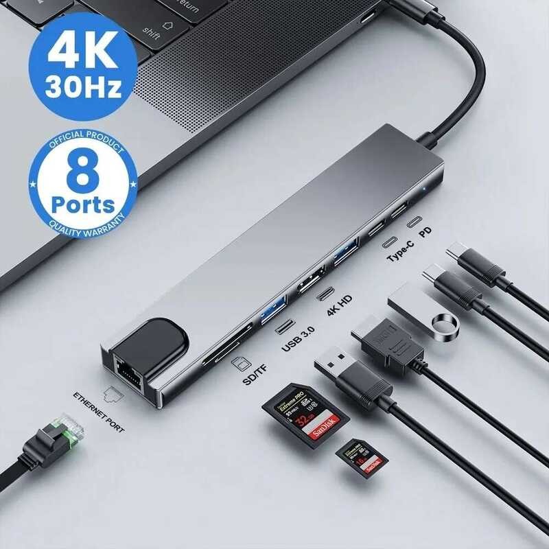 HDMI อะแดปเตอร์ฮับ 4K 3 1 ถึง USB 8 ใน Type C พร้อมเครื่องอ่านการ์ด SD TF RJ45 ชาร์จเร็ว PD สำหรับคอ