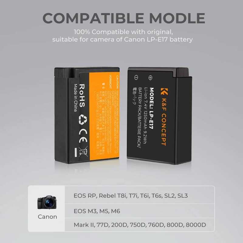 ▥ K & F Concept Lp-E17 1250Mah LP E17 สําหรับกล้อง Canon M3 M5 M6 T6i T6s 77D 200D 750D T7i T8i