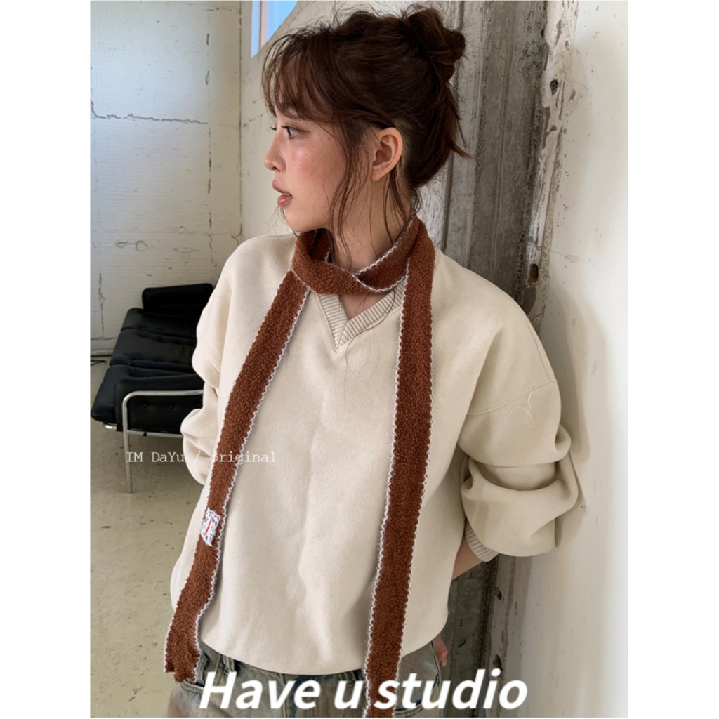 Have u studio 25 เกาหลีฤดูใบไม้ร่วงฤดูหนาวสไตล์ใหม่ All-Match สีทึบผ้าพันคอบางหญิง Plush Niche Desig
