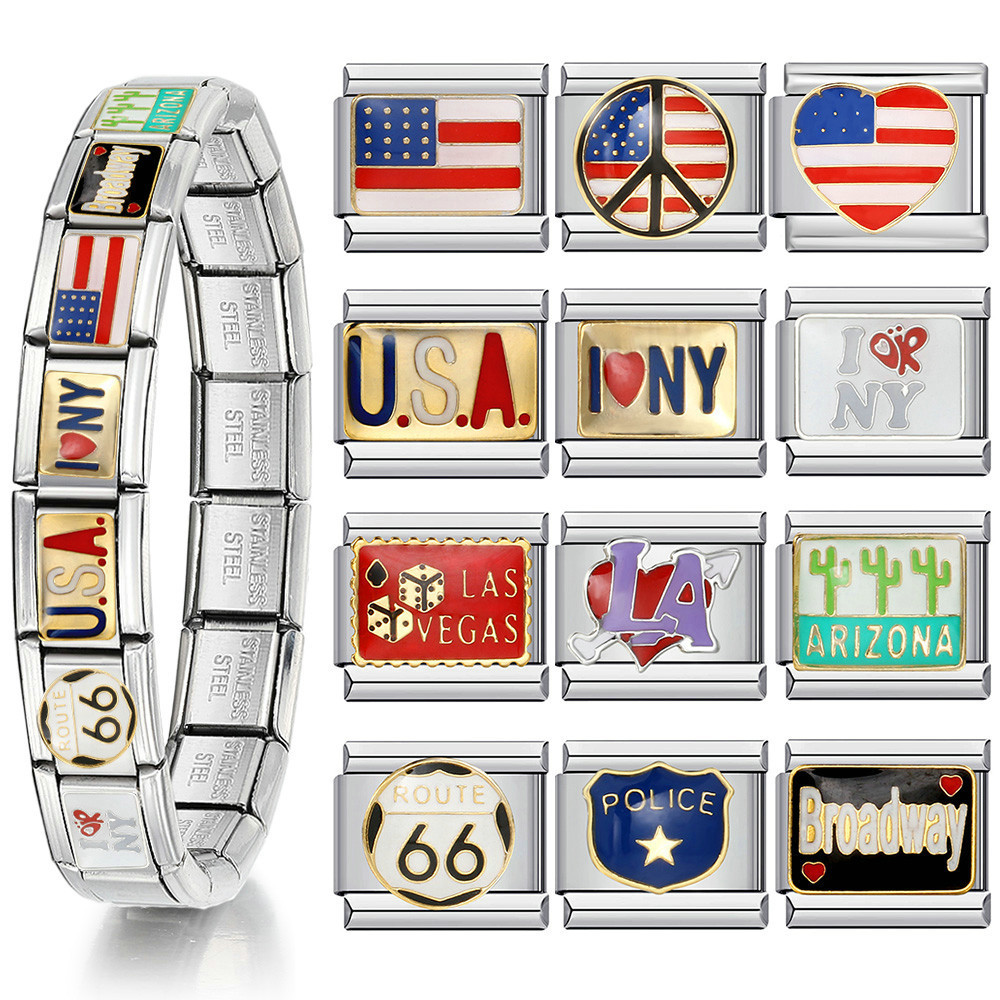 1 PC Y2K อิตาเลี่ยน Charm สร้อยข้อมือสแตนเลส DIY ทํา Elastic Link Chain LA New York Flag USA พิเศษเครื่องประดับอุปกรณ์เสริม
