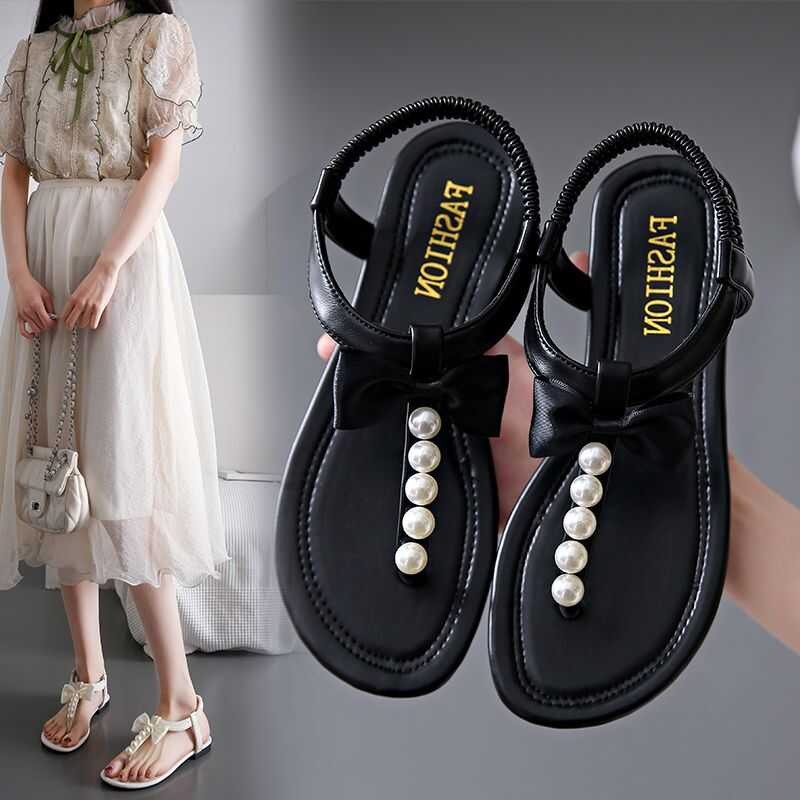 Summer Footwear Beige 2024 No Heel Diamond Women's Shoes Flat Rubber Sandals for Woman Flip-ps Bow