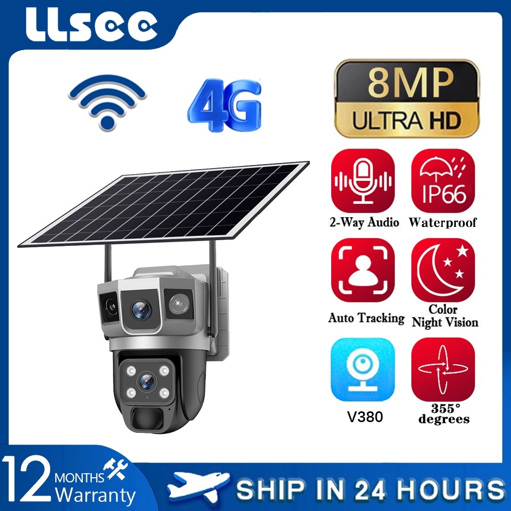 LLSEE V380 Pro เลนส์คู่ 8MP พลังงานแสงอาทิตย์กันน้ำกลางแจ้งกล้องไร้สาย WIFI กล้องวงจรปิด 4G ซิมการ์