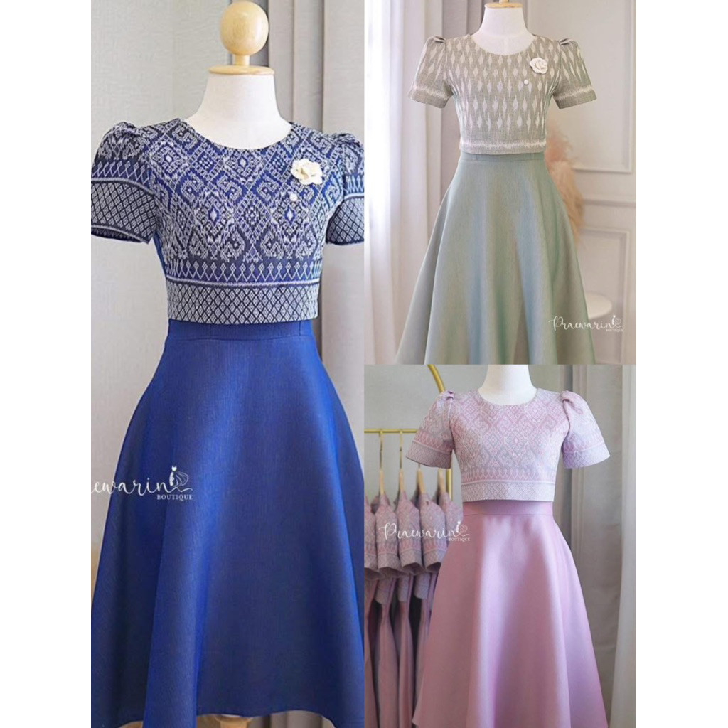 ♞ชุดเดรสผ้าไทยสไตล์สวยหรู แต่งครอปด้านหน้า คอจีน,คอกลม กระโปรงพริ้วเจ้าหญิง ใส่สวยพรางหุ่น WFD