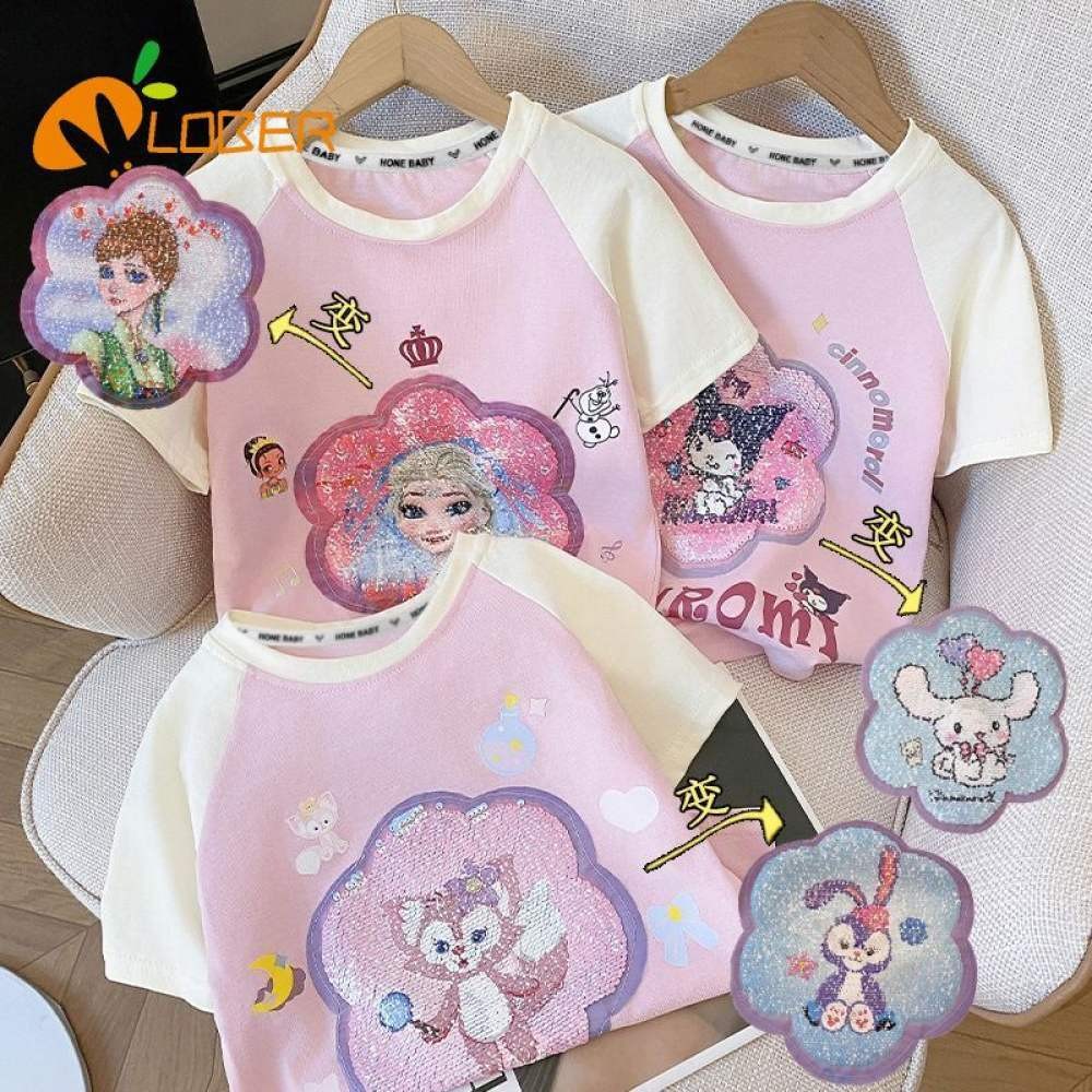 เสื้อยืดเด็กผู้หญิงมีเลื่อมประกาย แบบ Elsa Princess จาก Kuromi แขนสั้น สไตล์แฟชัน