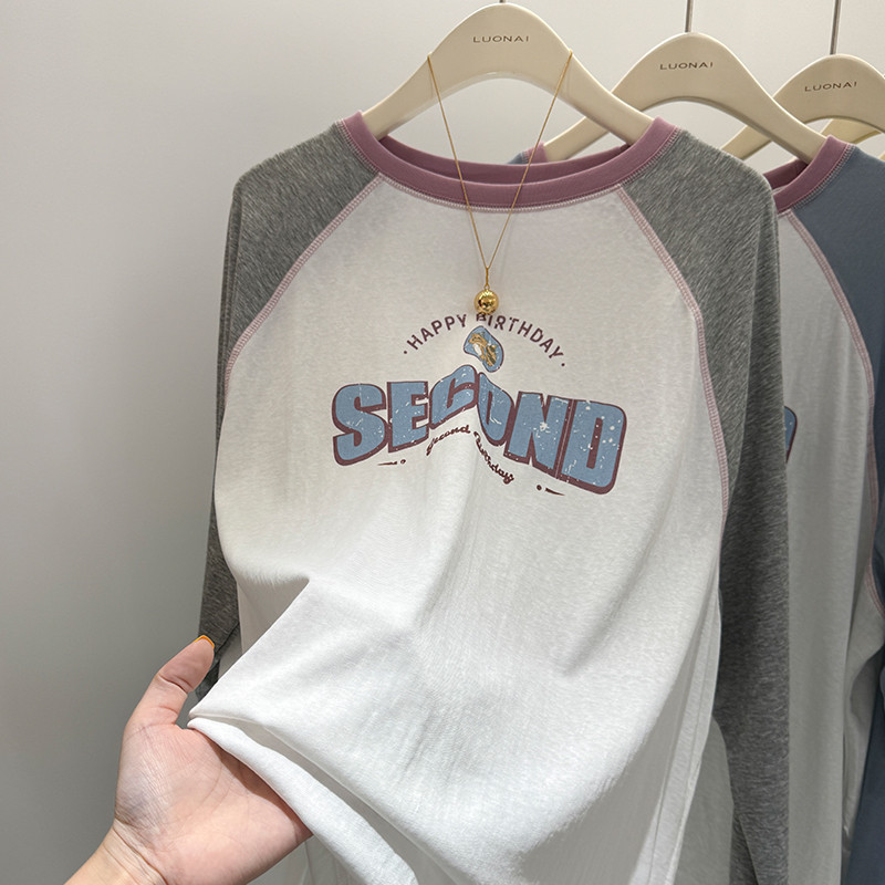 76586 Retro พิมพ์เย็บสีบางเสื้อยืดแขนยาวผู้หญิง
