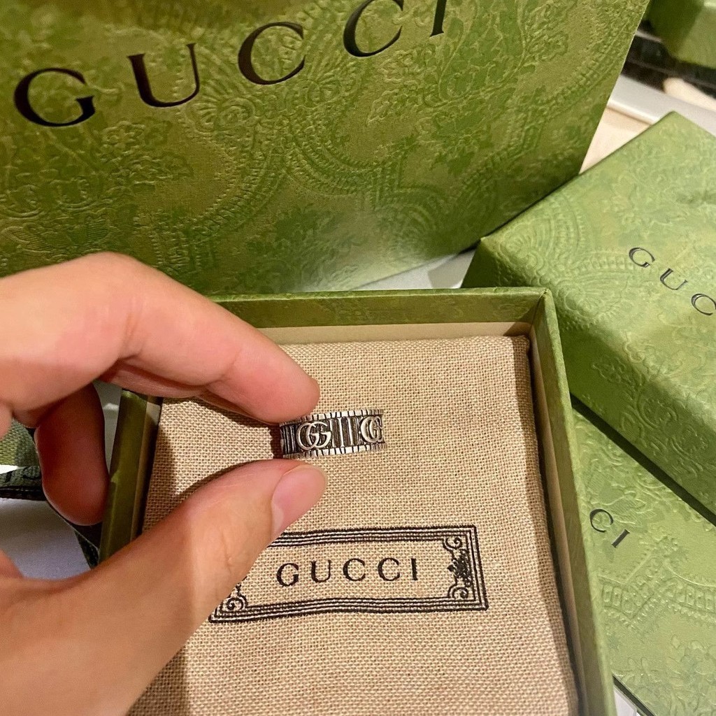 Gucci G-shaped Retro Stripe แหวน 925 เงินสเตอร์ลิง Love Fearless Elf Skull ผู้ชายและผู้หญิงนิ้วมือเคลือบแหวนคู่
