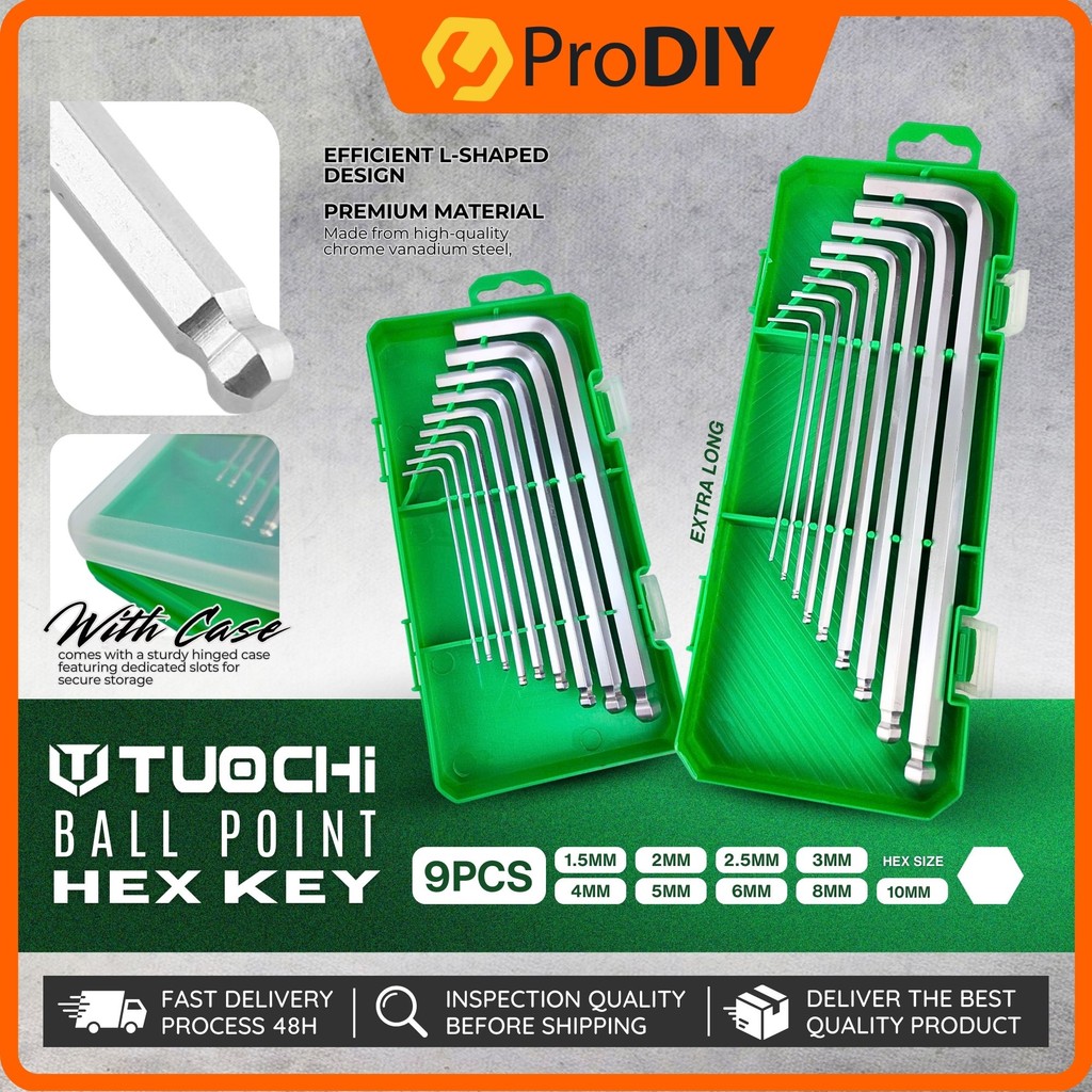 TUOCHI 9PCS Ball Point Hex Key พร้อมกรณี 1.5 / 2 / 2.5 / 3 / 4 / 5 / 6 / 8 / 10 มม.ประแจประแจประแจยา