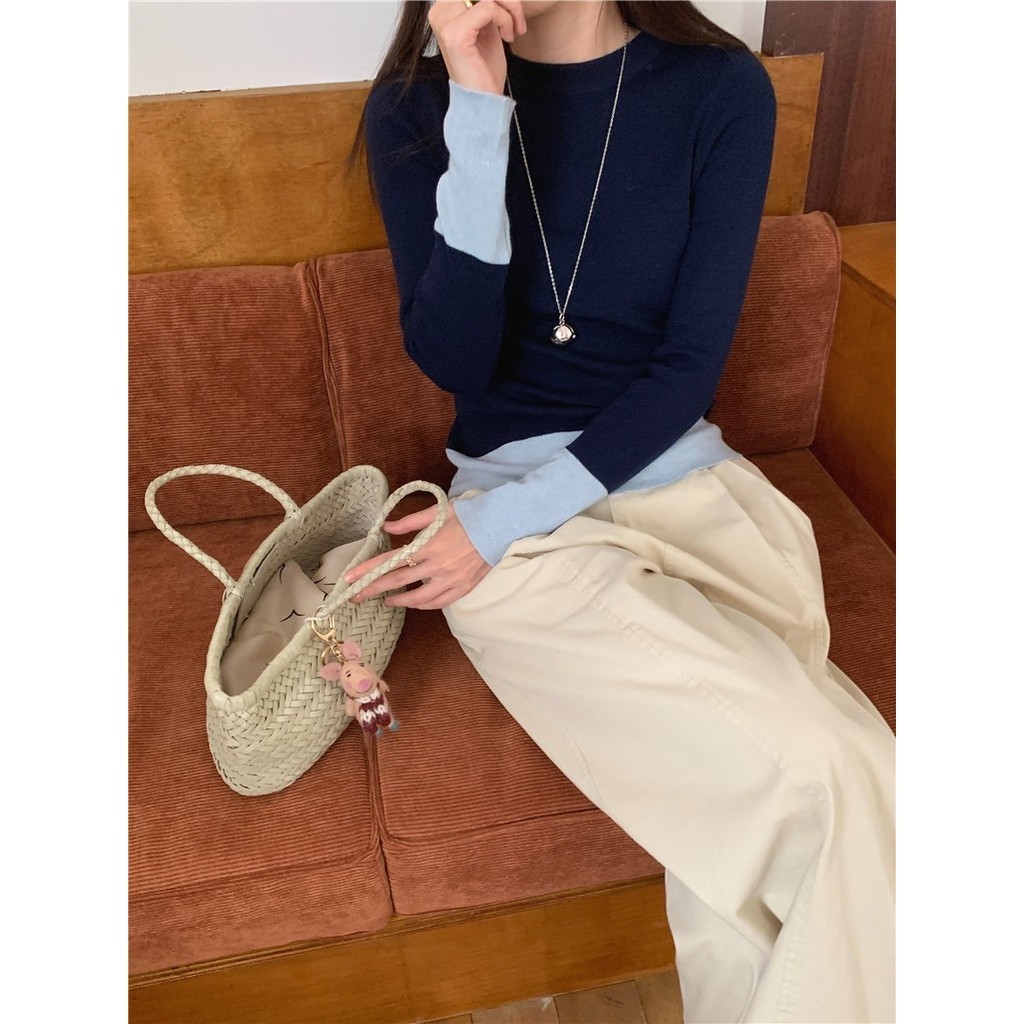 79581 ตัดกันสีเย็บเสื้อถักเข้ารูปเอวสูงหลวมตรงขากว้าง