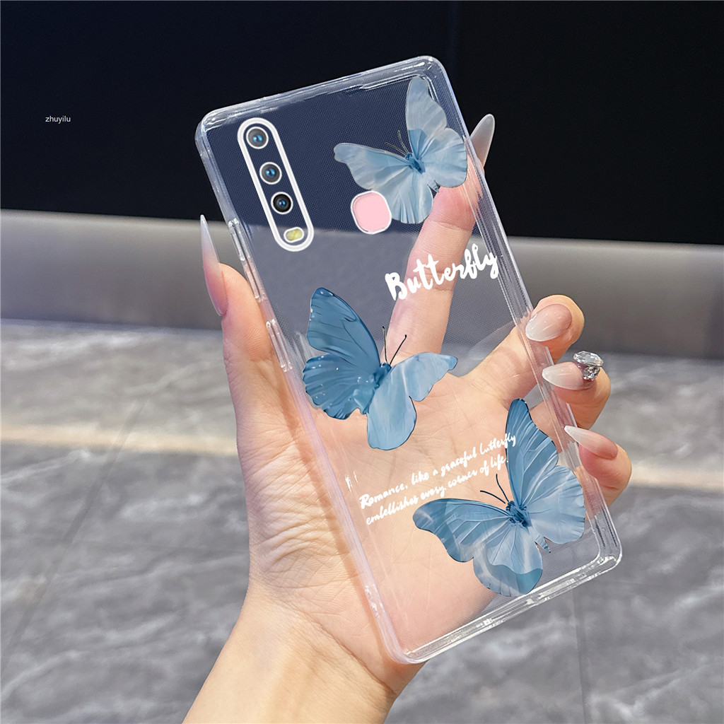 เข้ากันได้กับ Vivo Y17 Y3 Y12 Y15 Blue Butterflies แฟชั่น Ins Bling Star เคสโทรศัพท์ Clear Soft Cove
