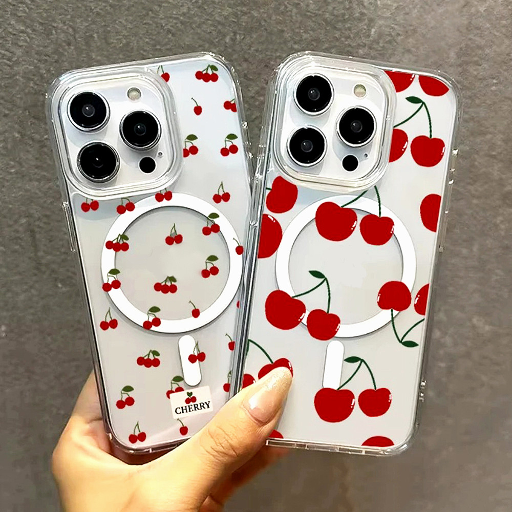 น่ารักสีแดงเชอร์รี่แม่เหล็กไร้สายชาร์จเคสโทรศัพท์สําหรับ ไอโฟน 16 15 14 13 12 11 มือโปร สูงสุด บวก ใหม่หนากรอบป้องกันการชนกัน ชัดเจน ป้องกันก