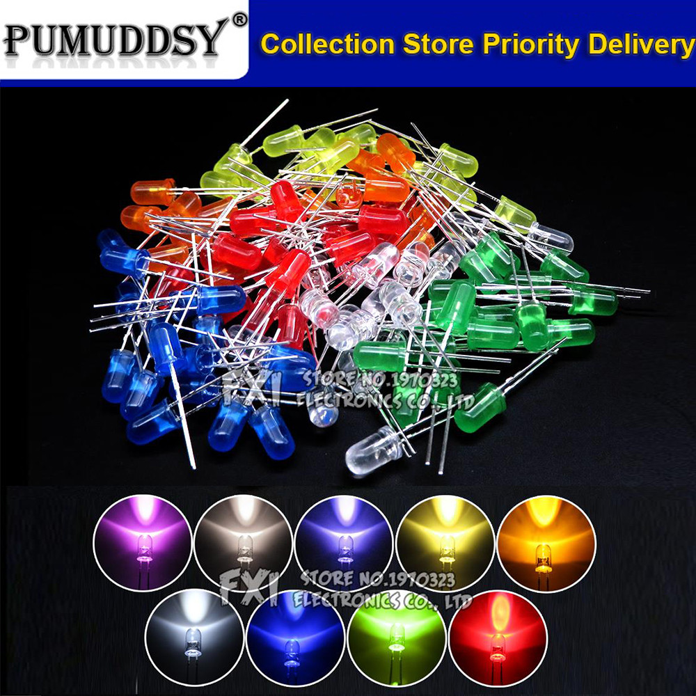 100PCS F5 LED ไดโอด 5 มม.ชุดสารพันสีขาวสีเขียวสีแดงสีฟ้าสีเหลืองสีส้มสีชมพูสีม่วง Warm White DIY ชุด Emitting ไดโอด bxv