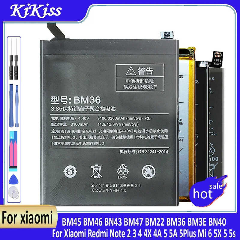 แบตเตอรี่ทดแทนสำหรับ Redmi หมายเหตุ 2,3,4,4X,4A,5,5A,5Plus,Xiaomi 6, 5X,5S,BM45,BM46,BN43,BM47,BM36