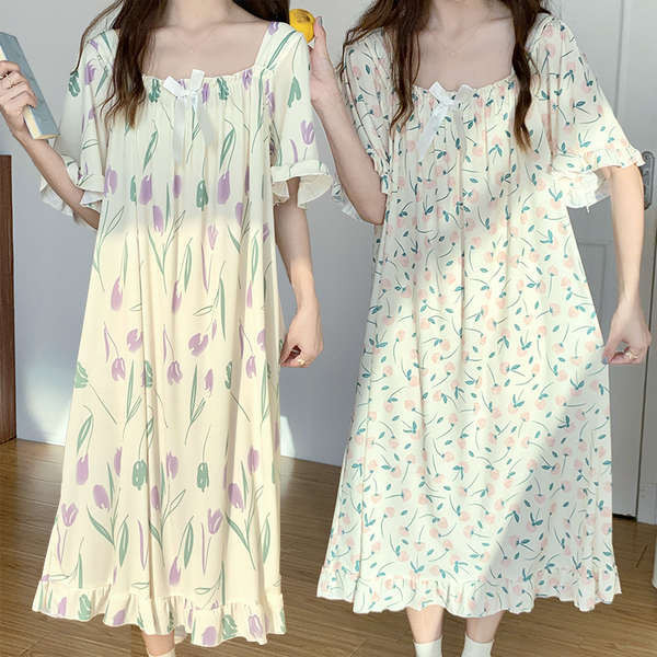 ชุดนอนไซส์ใหญ่ ชุดนอน happy sunday ใหม่น้ําแข็งไหมแขนสั้นชุดนอนผู้หญิงฤดูร้อนขนาดใหญ่พิเศษ 300 จิน