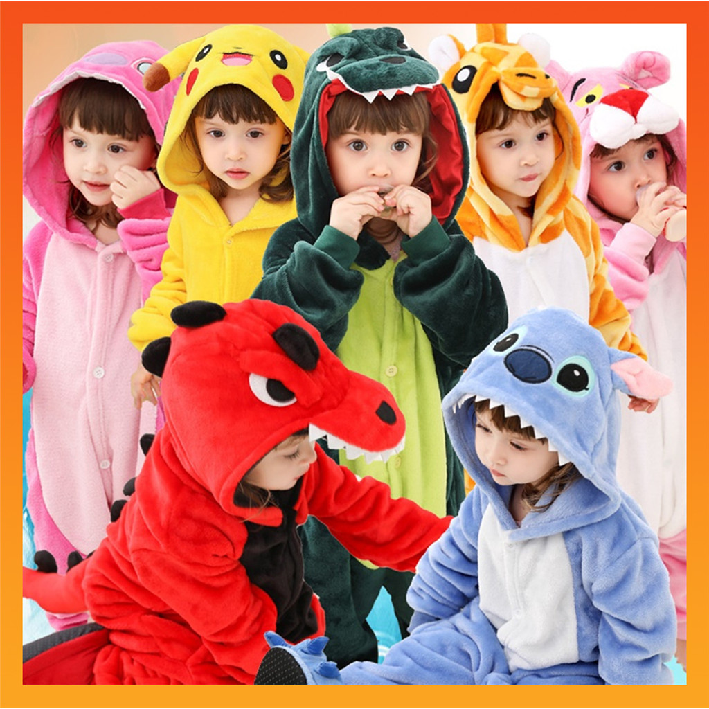 Kigurumi Stitch ไดโนเสาร์ Pikachu การ์ตูน Onesies เด็กสัตว์ Jumpsuit ชุดนอนเด็กทารกเด็กอะนิเมะคอสเพลย์เครื่องแต่งกายสําหรับฮาโลวีนคริสต์มาส