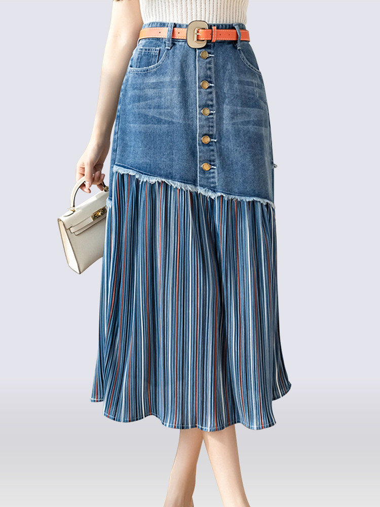 แพทช์จีบกางเกงยีนส์กระโปรงผู้หญิงเอวสูงลูก KS10294 S-5XL