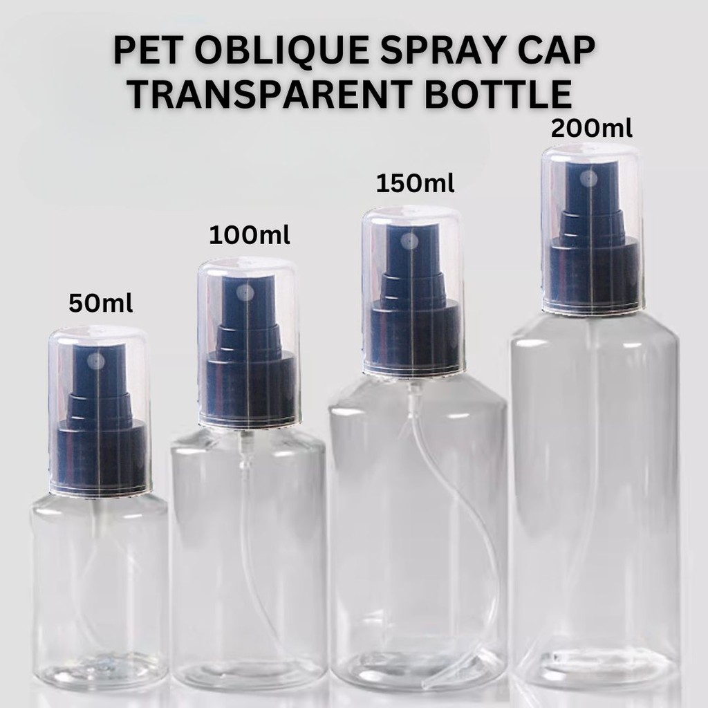 REFILLABLE OBLIQUE PET MIST SPRAY CAP BOTTLE SANITIZER COSMETIC CONTAINER 50ml / 100ml / 200ml