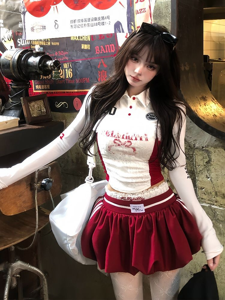 Shanmieleng เย็บลูกไม้ Preppy สไตล์อเมริกัน Hot Girl Polo Collar แขนยาวเอวสูงออกแบบกระโปรงสั้นชุดผู้หญิง
