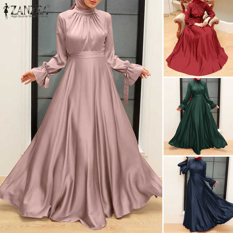 ❤ Esolo ZANZEA Muslimah ผู้หญิงมุสลิมแขนยาวคอเต่า Eleagnt ซาติน Silky ค็อกเทล Maxi Dress MLS