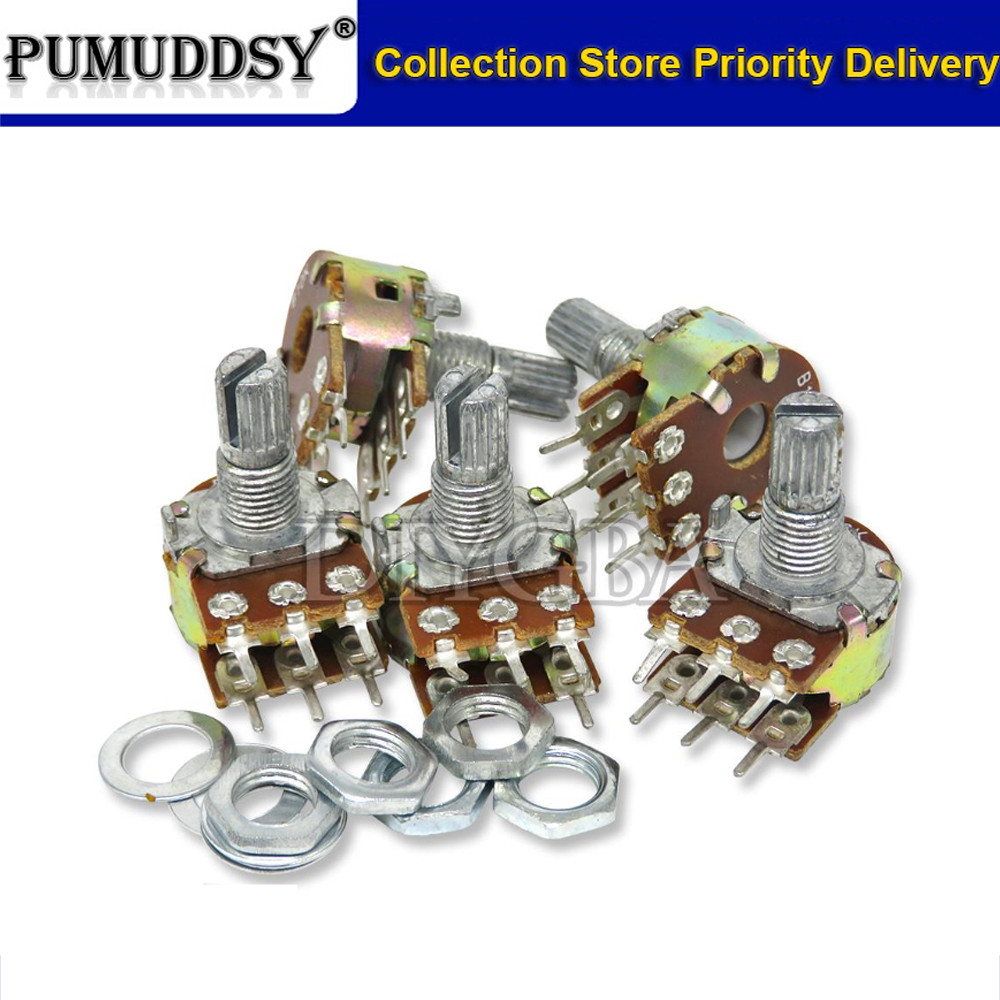 5pcs WH148 B1K B2K B5K B10K B20K B50K B100K B500K 6Pin Shaft Amplifier Dual Stereo Potentiometer 1K 