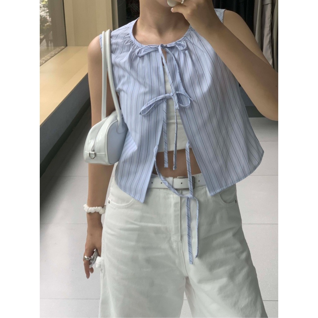 75954 เสื้อแขนกุดลายทางโบว์สีน้ําเงิน Laced-Up