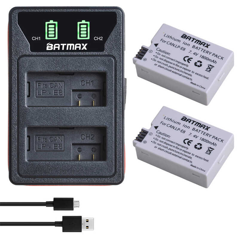LP-E8 5 LP E8 Battery Akku + LED USB Charger with Type C for Canon 550D 600D 650D 700D X4 X5 X6i