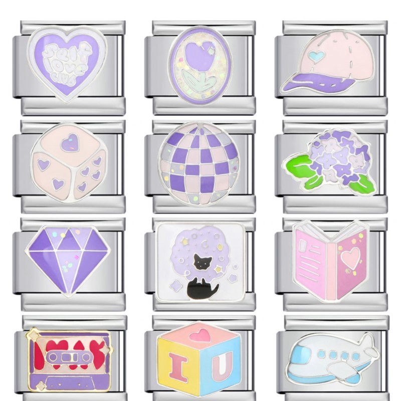แฟชั่น Y2k น่ารักสีม่วงอิตาเลี่ยน Charm Link Fit 9 มม.สร้อยข้อมือสแตนเลสทํา DIY เครื่องประดับลูกปัดสําหรับผู้หญิงผู้ชาย