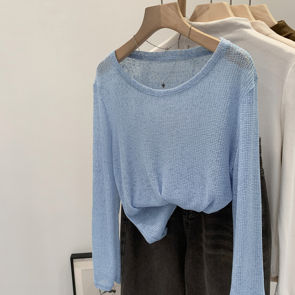 เสื้อถักแขนยาวคอกลม ทรงหลวม สีน้ำเงิน โปร่งบาง