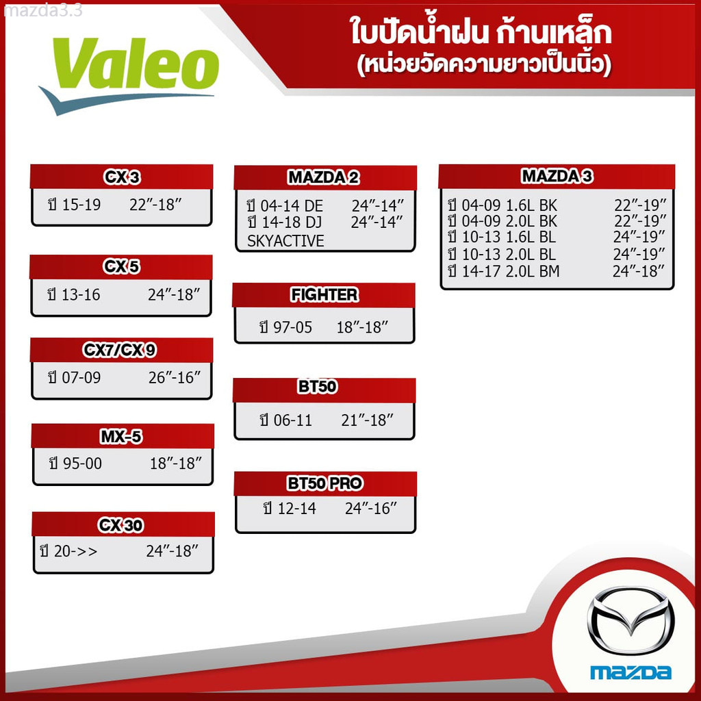 Car wiper  VALEO  ใบปัดน้ำฝนหน้า ใบปัดน้ำฝน MAZDA 2,3,CX3,CX30,CX5,CX8,CX7/CX9,Fighter,BT50,BT50 Pr