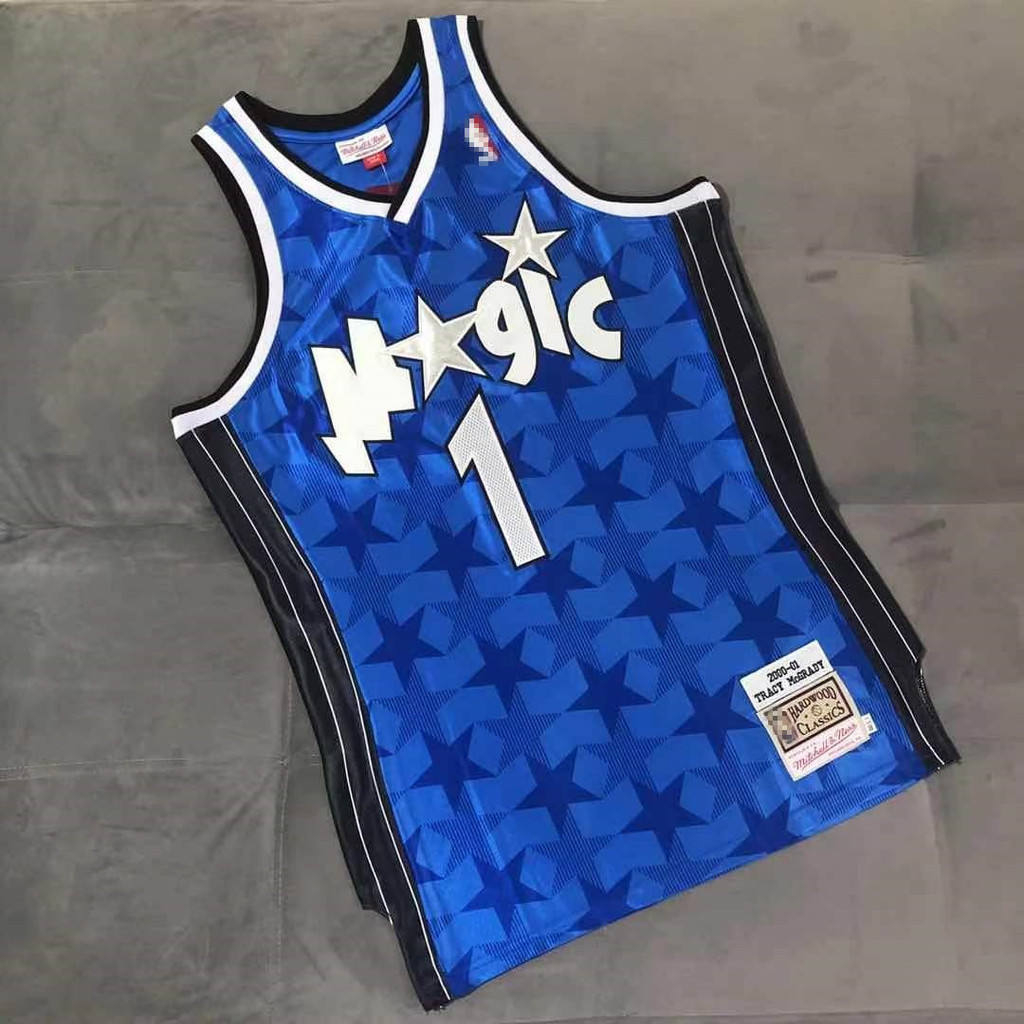 ปักเสื้อบาสเก็ตบอลต้นฉบับใหม่ของผู้ชาย Magic #1 เสื้อแข่ง Tracy Mcgrady Classic Blue